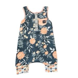 RAGS Sleeveless Romper Shorts Blue Floral/Salmon Trim Pocket Girls 3-6 Months